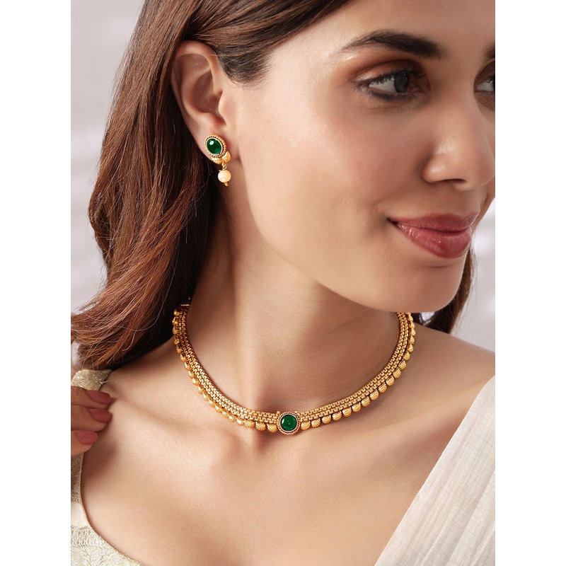 Rubans 22K Gold-Plated Dark Emerald Green Stone & Pearl Beaded Traditional Necklace Set