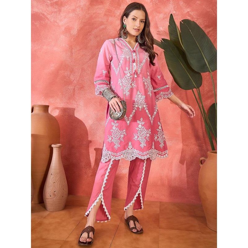 Sangria Chikankari Embroidered 100% Cotton Kurta & Dhoti Pants
