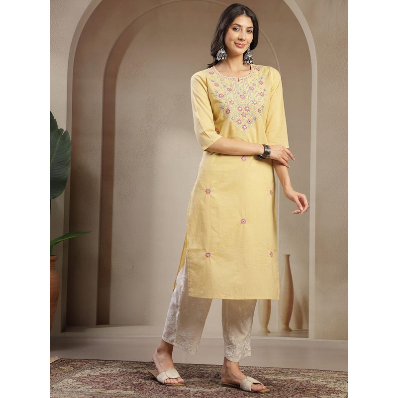 Sangria Women Yoke Design Pure Cotton Round Neck Straight Kurta