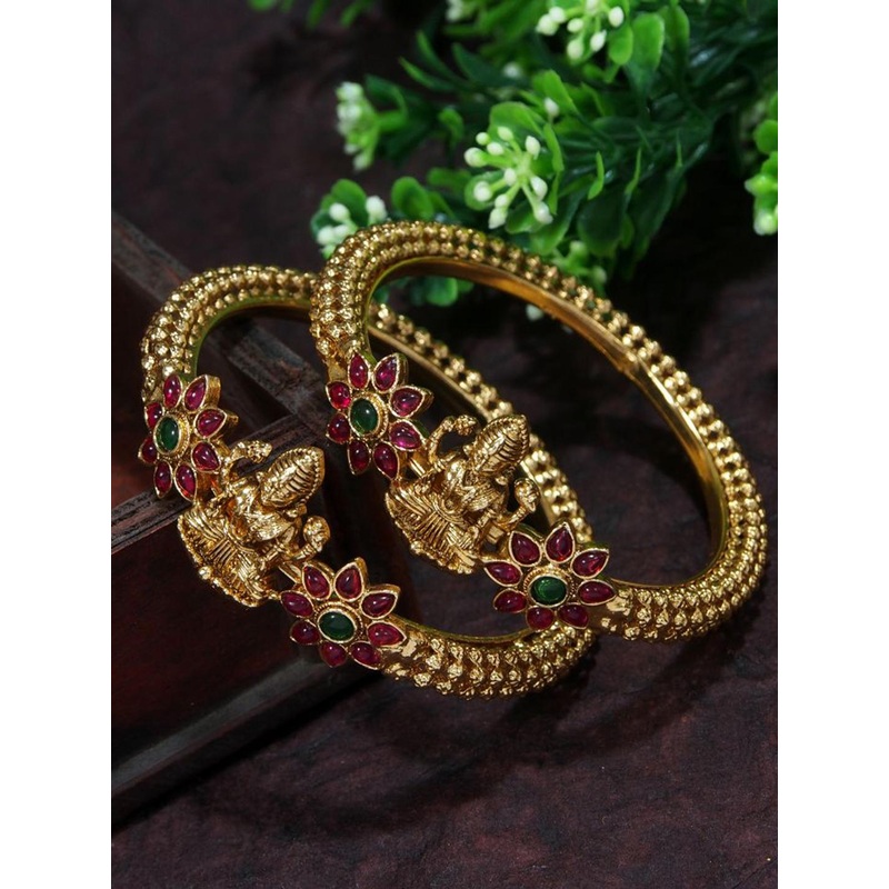 SGA FASHION Set Of 2 Gold-Plated American Diamond-Studded Traditional Temple Bangles