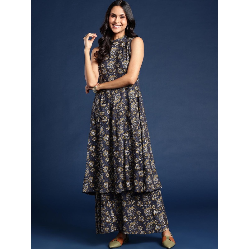 Taavi Kalamkari Printed Pleated Mandarin Collar Pure Cotton Kurta with Palazzos