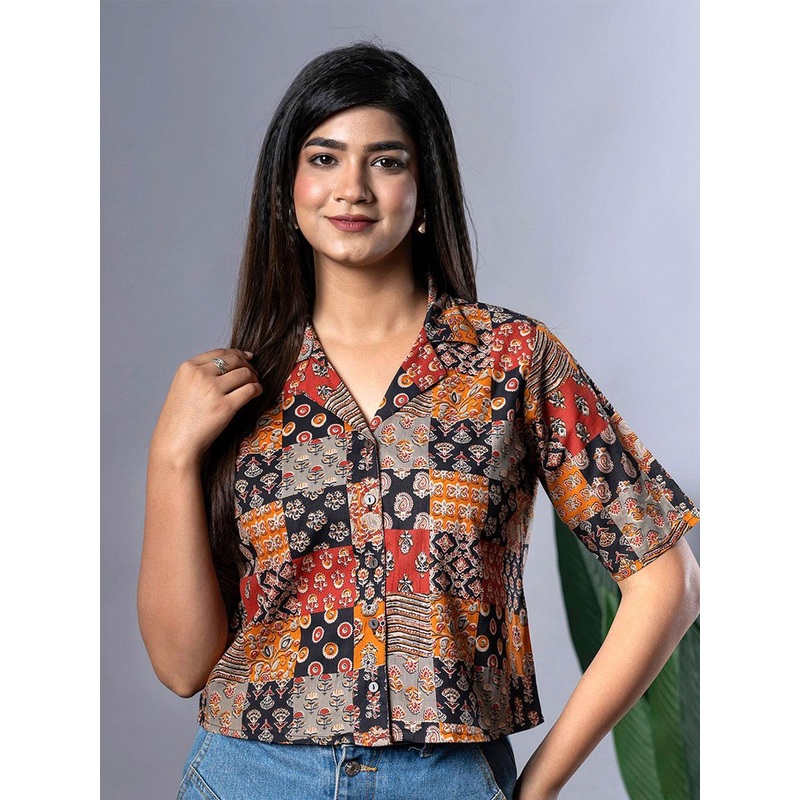 The Roadster Lifestyle Co Ethnic Printed Cuban Collar Pure Cotton Shirt Style Top