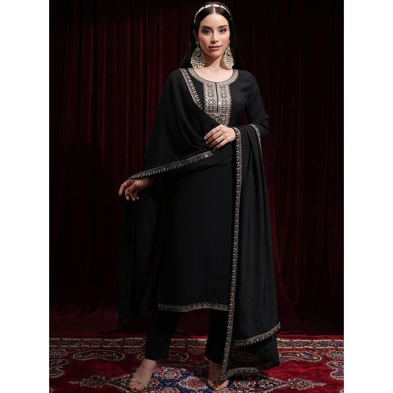 Vishudh Floral Embroidered Sequinned Round Neck Straight Kurta with Palazzos & Dupatta