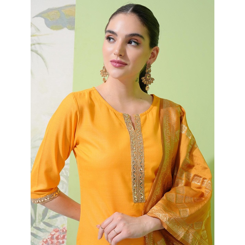 Vishudh Yellow Round Neck Embellished Straight Kurta & Palazzos With Dupatta
