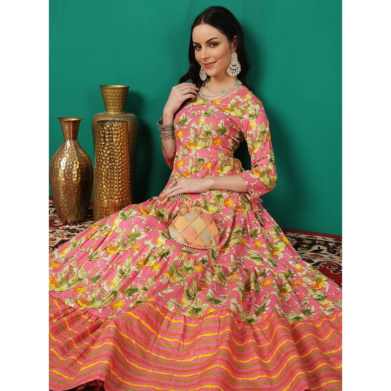 WOMENCLICK Floral Printed Zari Tiered Anarkali Kurta