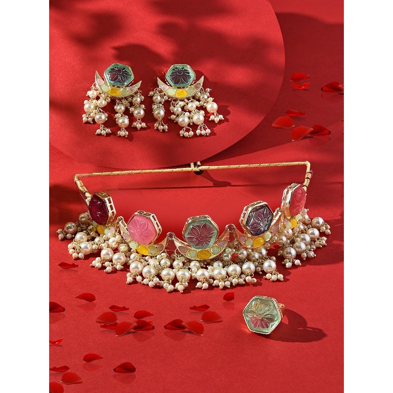 Zaveri Pearls Gold-Plated Pearl & Stone-Studded Crescent Jewellery Set