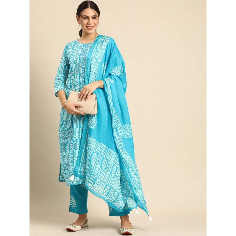 Anouk Blue & White Ethnic Motifs Print Mirror Work Cotton Straight Kurta Trousers Dupatta