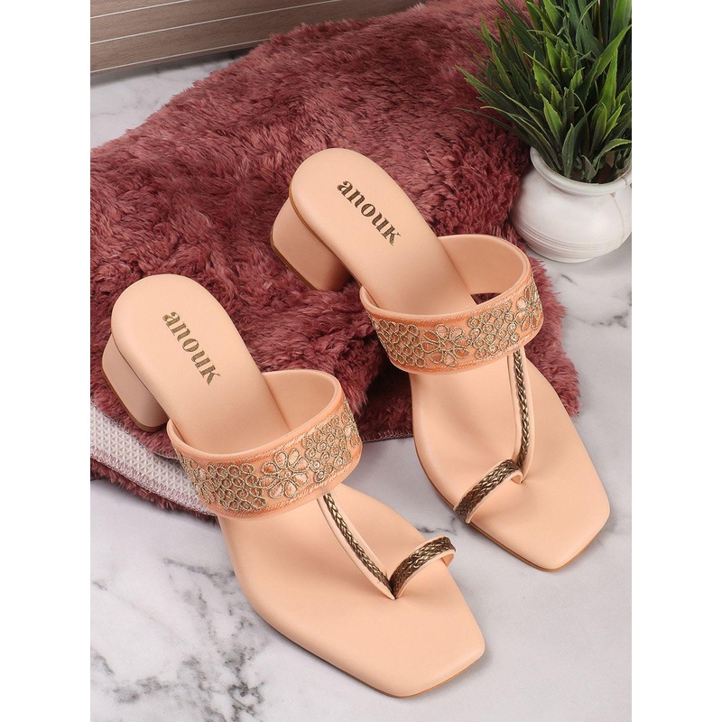 Anouk Pink Embellished Open Toe Block Heels