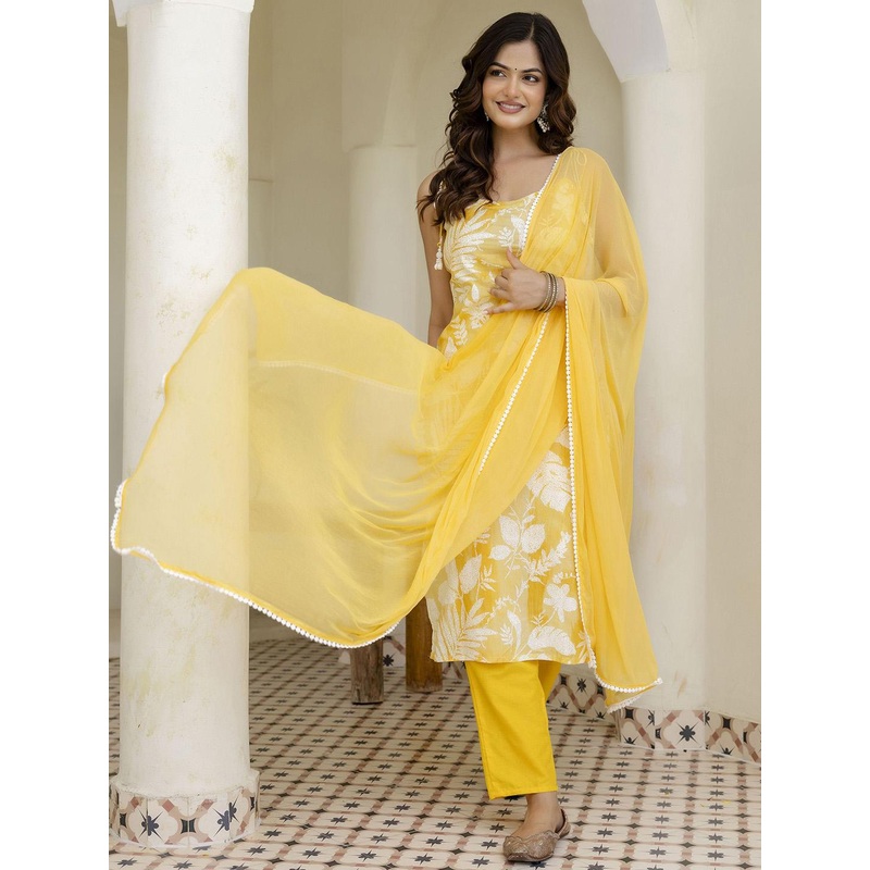 Anouk Rustic Floral Printed Aari Work Pure Cotton Kurta with Trousers & Dupatta