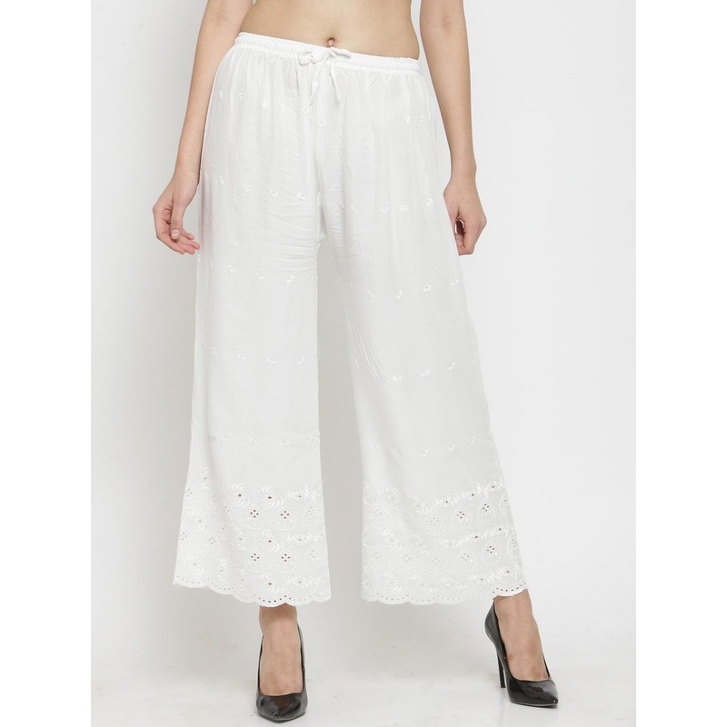 Clora Creation Women White Embroidered Wide Leg Palazzos