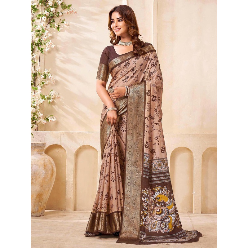 DIVASTRI Kalamkari Print Zari Saree with Unstiched Blouse Piece