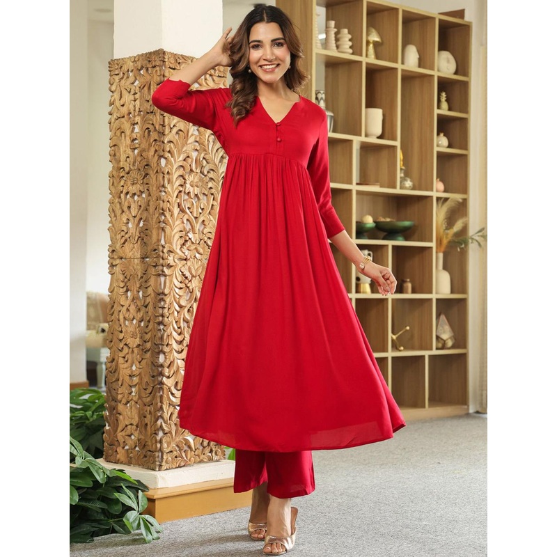 GoSriKi V- Neck Pleated A-Line Kurta With Palazzos
