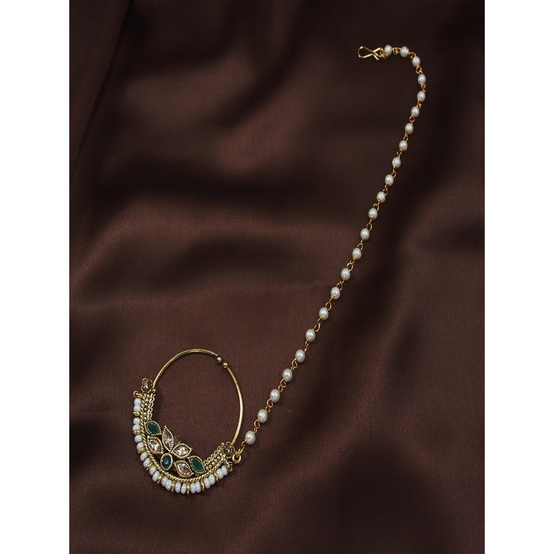I Jewels Green & Off-White Antique Gold-Plated Pearl Studded Beaded Chained Nose Ring