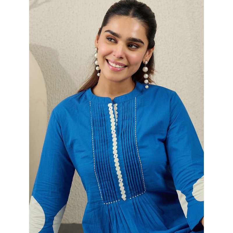 Indo Era Women Printed Pleated Pure Cotton Kurta with Trousers