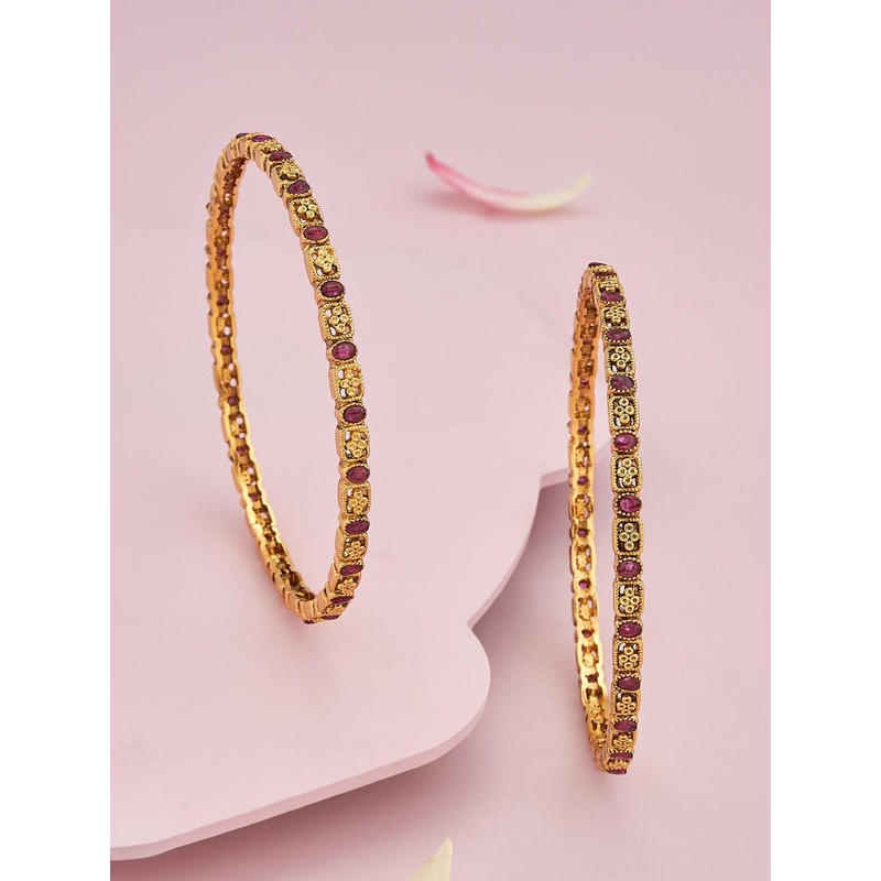 Kushal’s Fashion Jewellery Set Of 2 Gold-Plated Ruby-Studded Antique Bangles