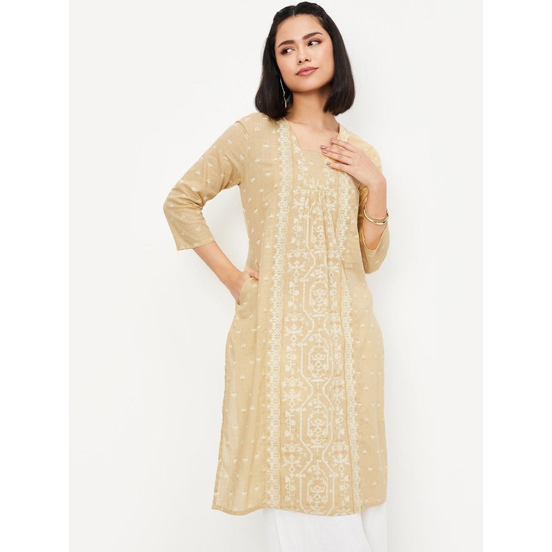 max Ethnic Motifs Woven Design Pleated Square Neck Straight Kurta