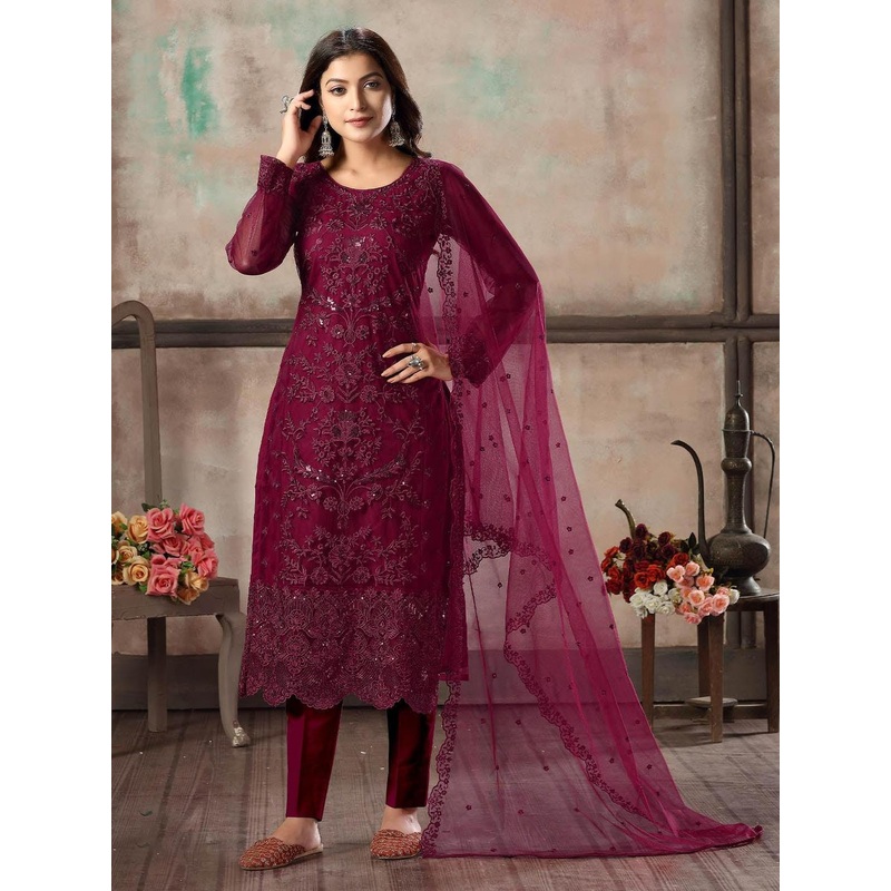 ODETTE Women Floral Embroidered Regular Thread Work Kurta with Trousers & With Dupatta