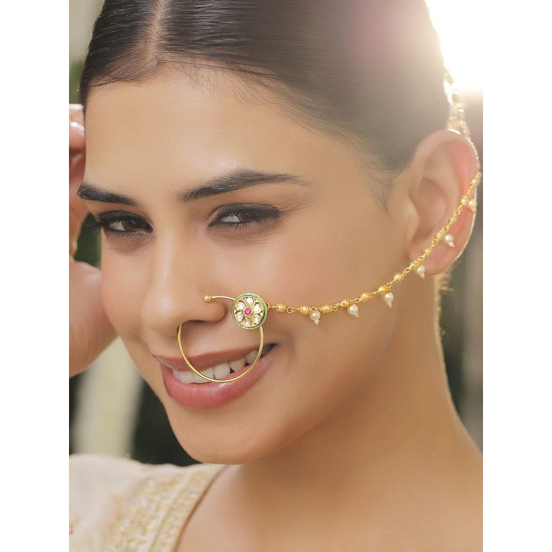 Rubans 18K Gold Plated Kundan Floral Design Chain Nath with Ruby Centre & Pearl Accent