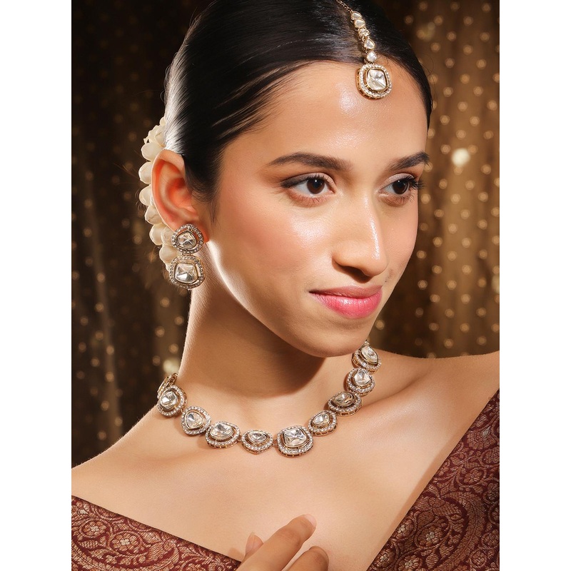 Rubans 22K Gold Plated White Cubic Zirconia Studded Necklace With Earrings & Maangtikka