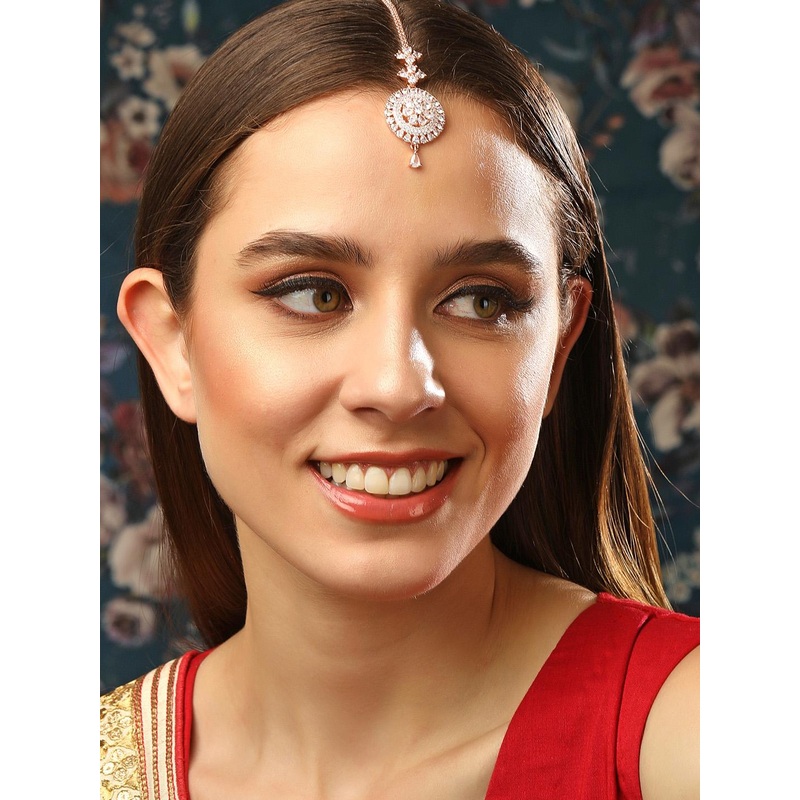 Rubans Rose Gold-Plated White AD-Studded Round Shaped Maangtikka