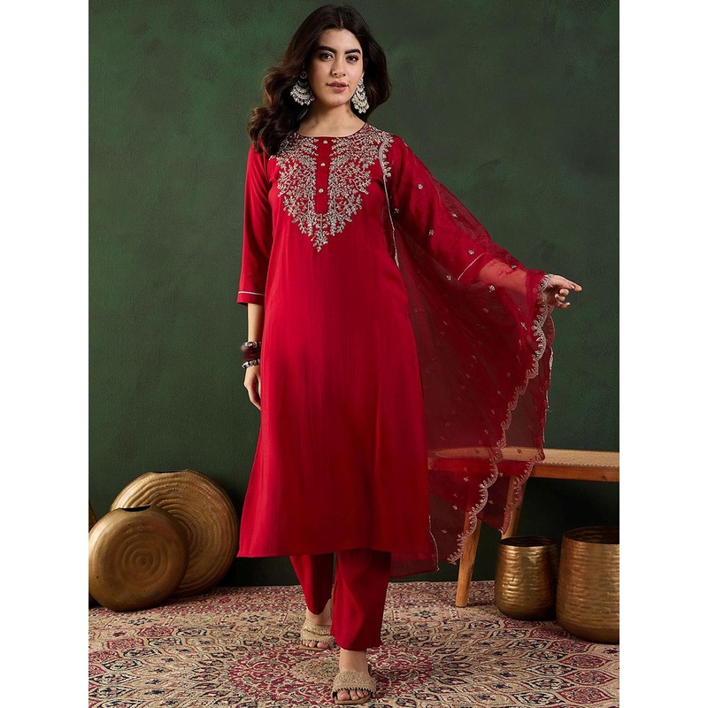 Sangria Zari Embroidered Kurta Trousers & Dupatta