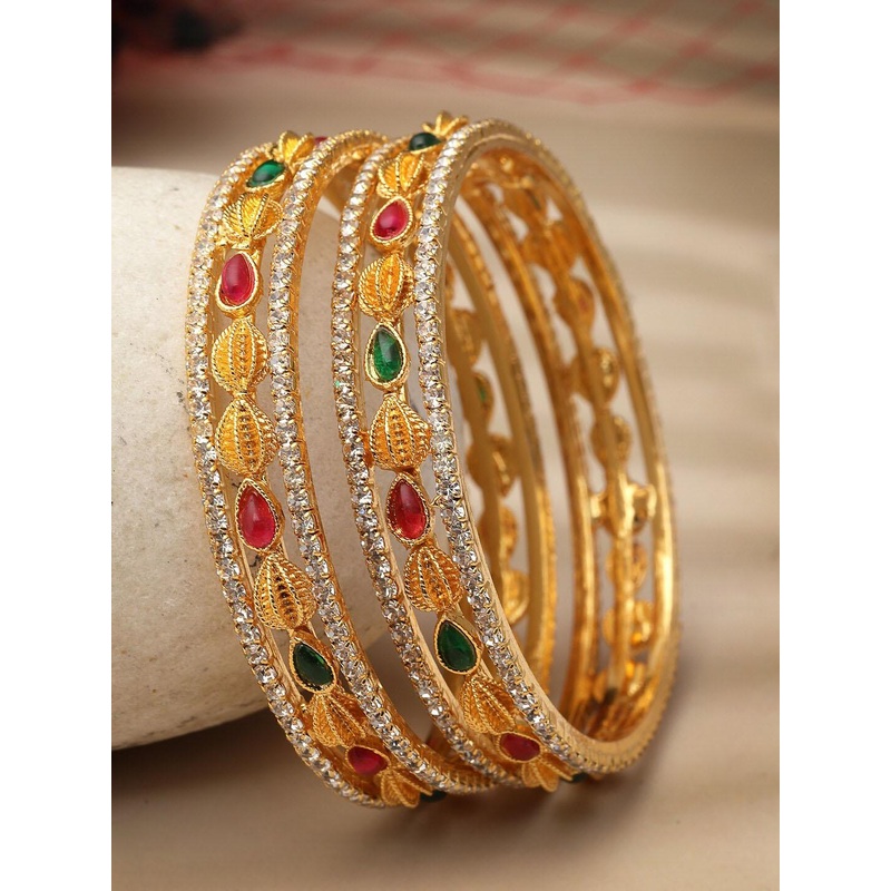 Sukkhi Set Of 2 Gold-Plated American Diamond-Studded & Beaded Bangle