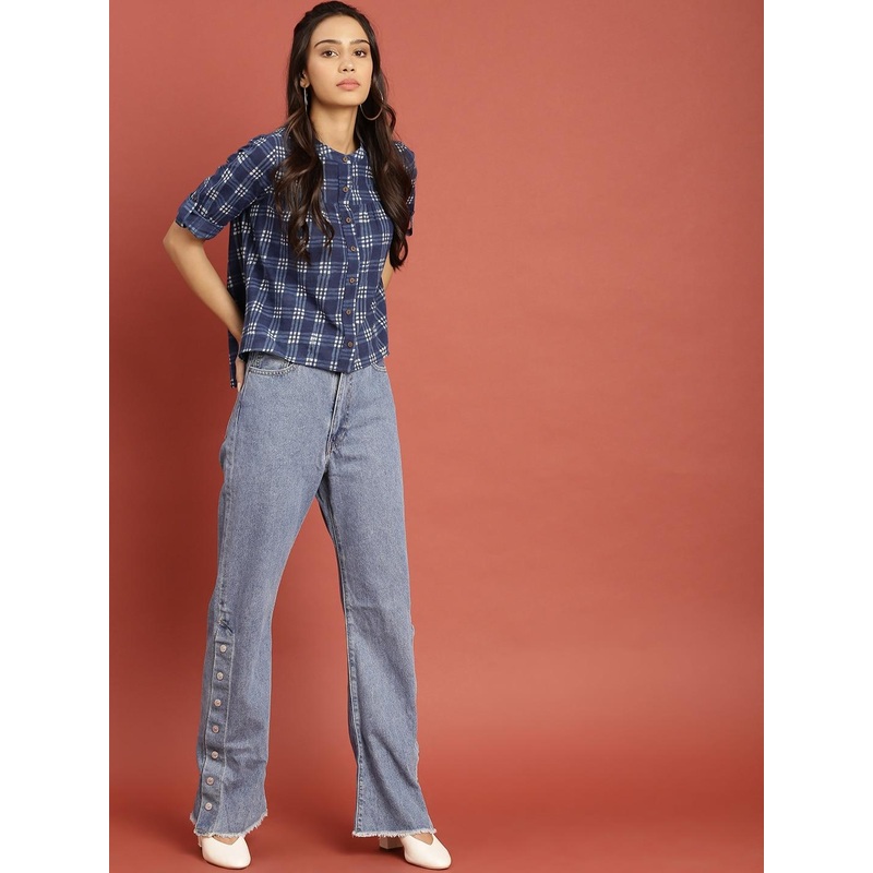 Taavi Blue & White Indigo Hand Block Print High-Low Pure Cotton Top with Gathers Detail