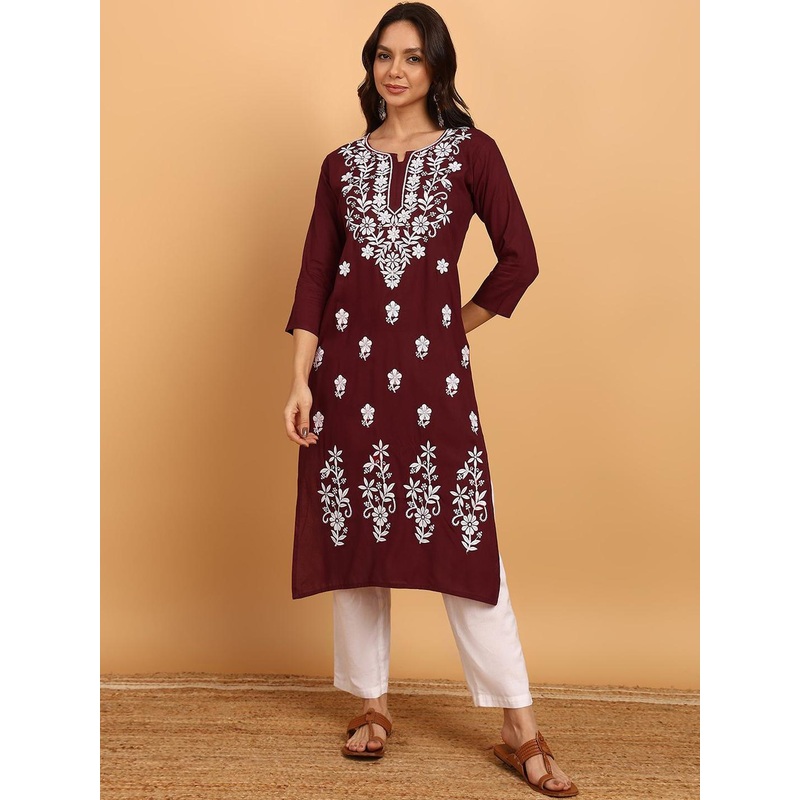 TOP N THREAD Floral Embroidered Round Neck Chikankari Machine Weave Straight Kurta