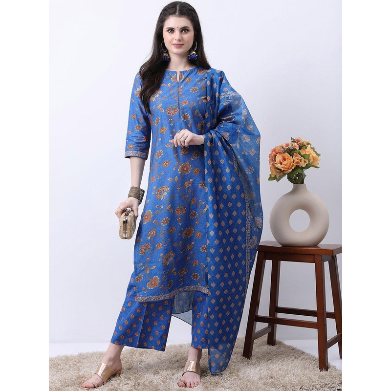Vishudh Floral Printed Notch Neck Straight Kurta With Trousers & Dupatta