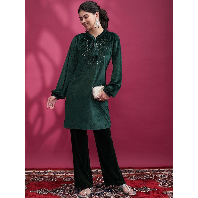 Vishudh Floral Puff Sleeves Mandarin Collar Thread Work Kurta