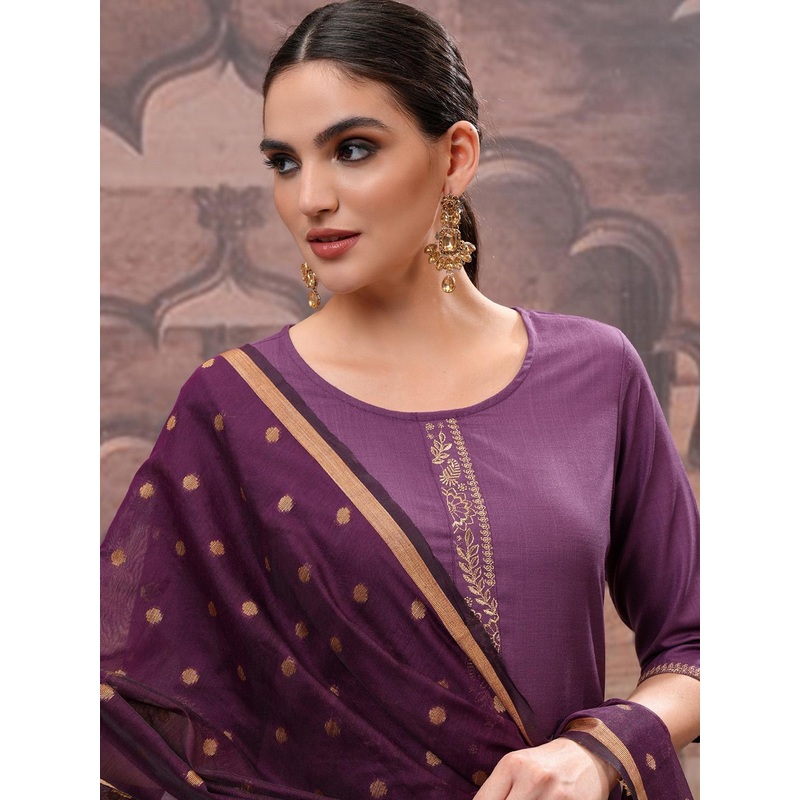 Vishudh Purple Embroidered Round Neck Straight Kurta with Trouser & Dupatta