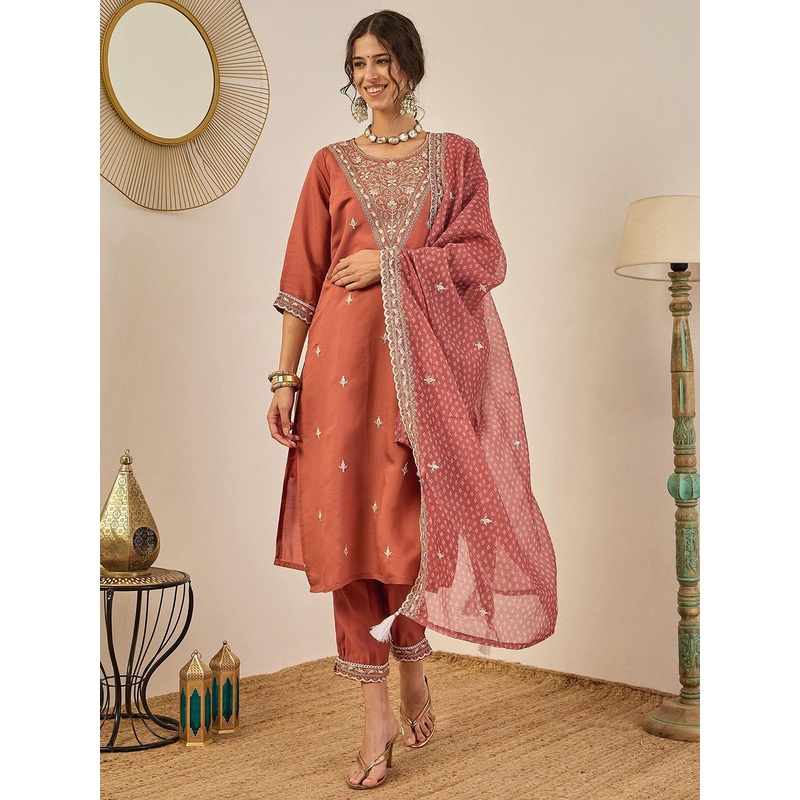 VredeVogel Women Floral Embroidered Regular Sequined Kurta With Trousers & Dupatta