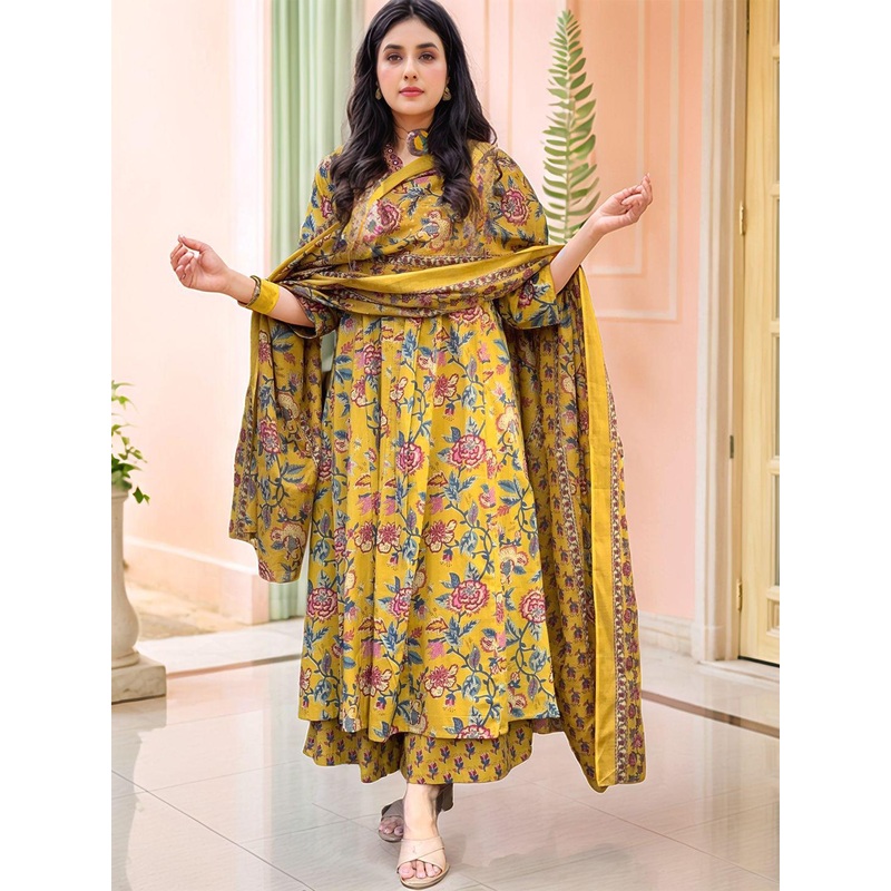 Aaghnya Women Ethnic Motifs Printed Pleated Mirror Work Kurta & Palazzos With Dupatta