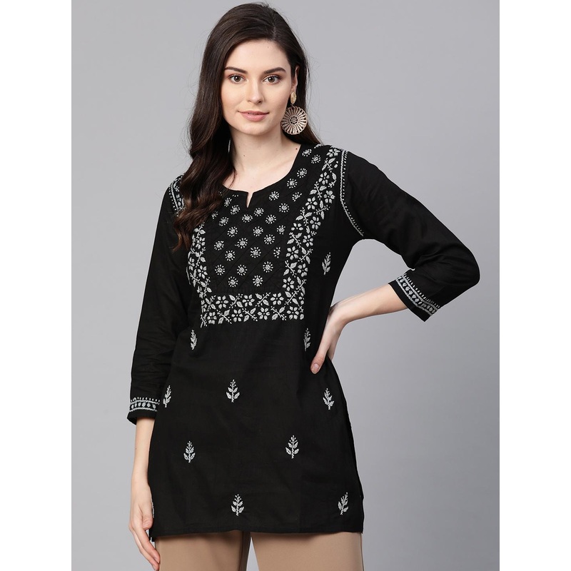 ADA Women Black & Grey Chikankari Hand Embroidered Pure Cotton Straight  Handloom Kurti