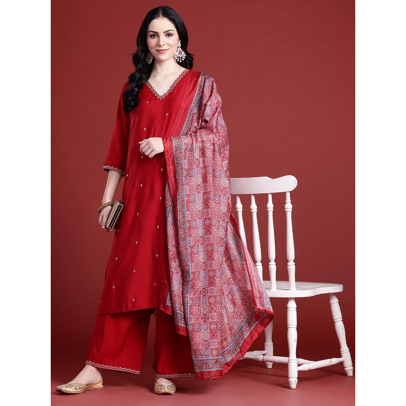 Anouk Embroidered Sequinned Ethnic Motifs Kurta With Palazzos & Dupatta