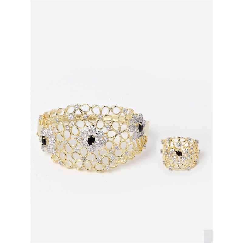 Anouk Set of 2 American Diamond Gold-Plated Bangle-Style Bracelet With Ring