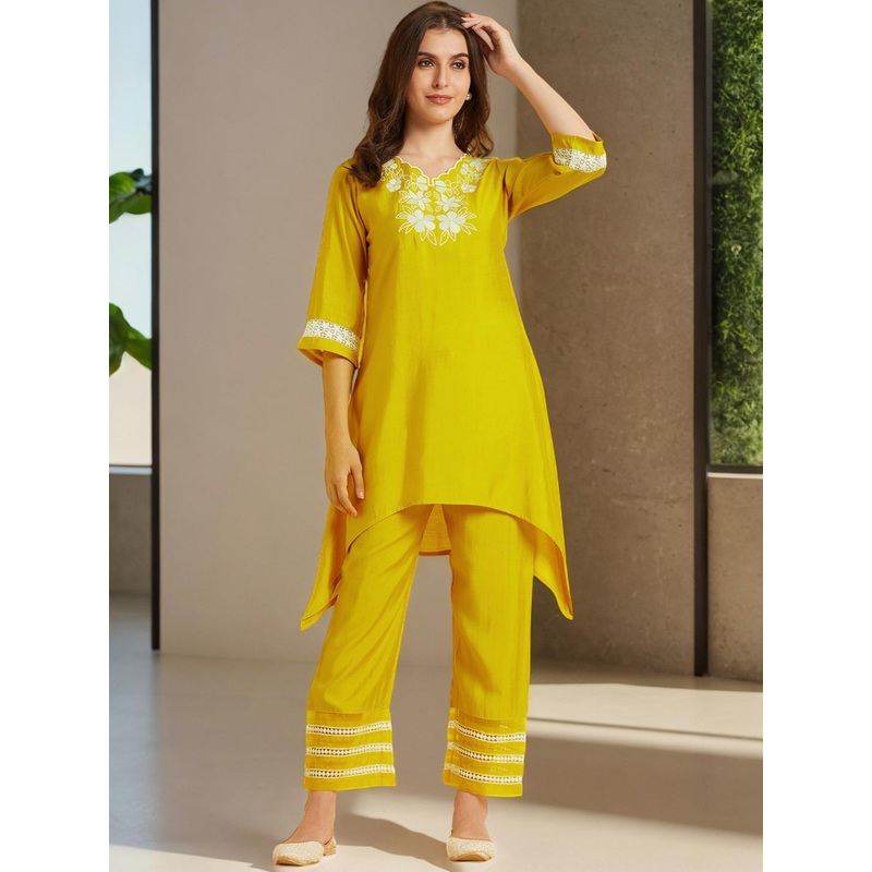 Azira Embroidered V-Neck High-Low Embroidered Co-Ords Set