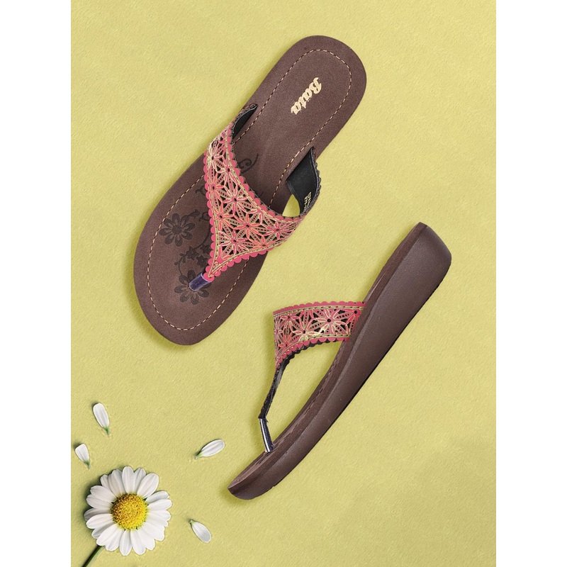 Bata Red Embellished Ethnic Wedge Heels with Laser Cuts