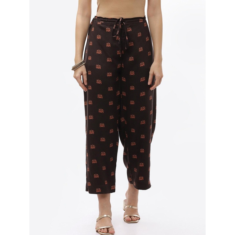Biba Women Brown & Red Ethnic Motifs Printed Cropped Ethnic Palazzos