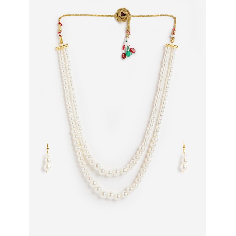 DressBerry Gold Plated Double Layered Pearl Necklace with Earring Set