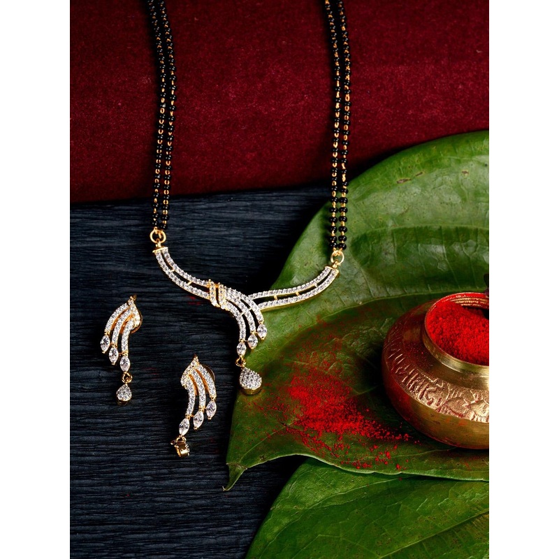 Gold Dual Toned Traditional White AD Studded Contemporary Mangalsutra Set
