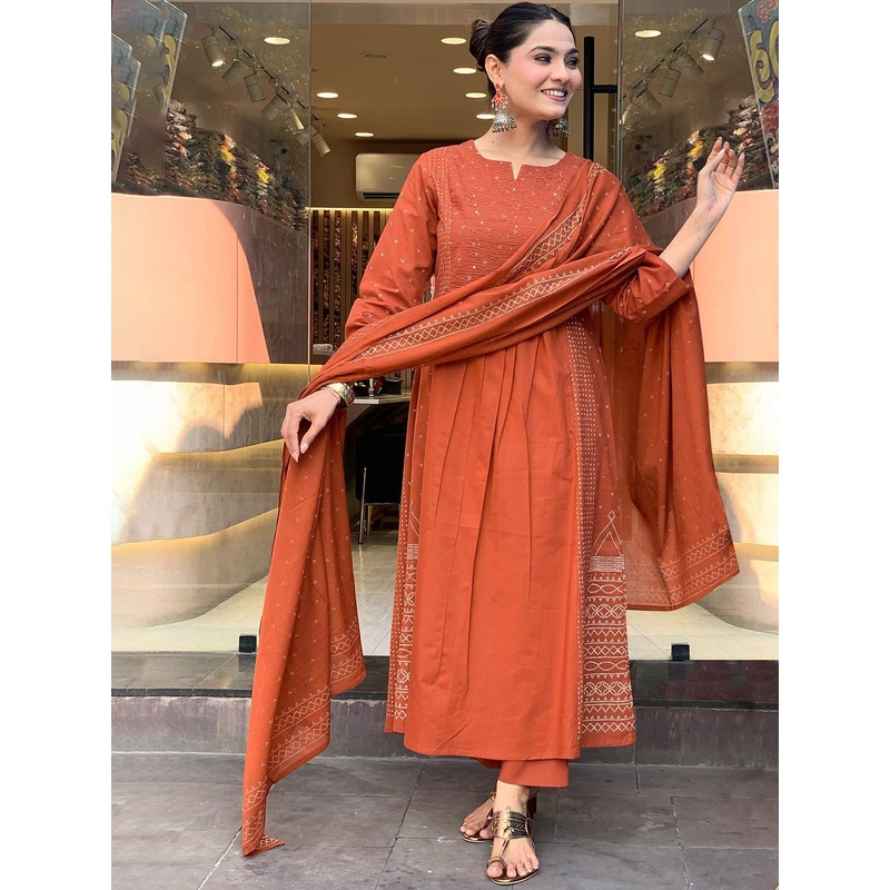 GoSriKi Women Printed Regular Thread Work Kurta with Palazzos & With Dupatta