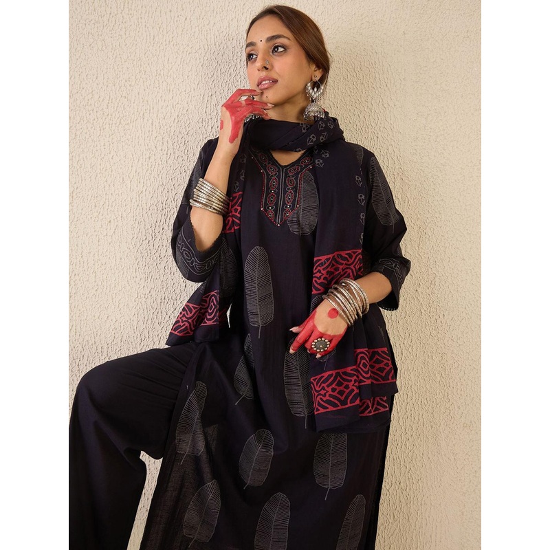Indo Era Women Printed Pure Cotton Kurta with Trousers & With Dupatta