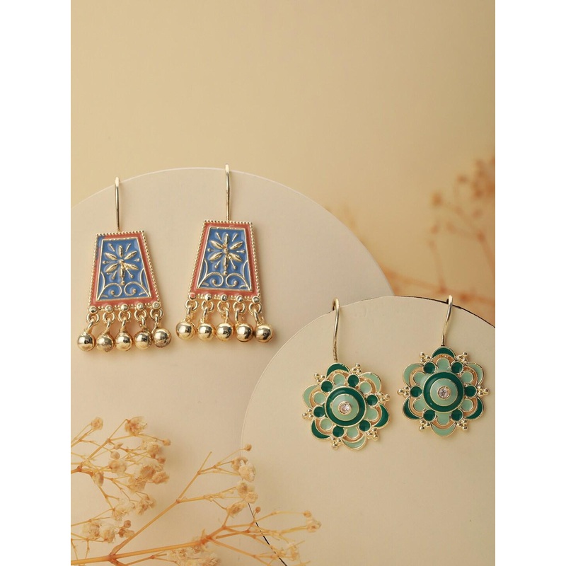 Jazz and Sizzle Set Of 2 Gold-Plated Stone-Studded Contemporary Drop Earrings