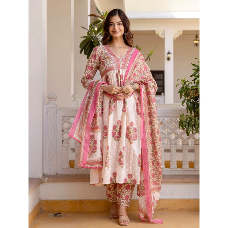 KALINI  Floral Printed Empire Sequinned Anarkali Pure Cotton Kurta ,Trousers &  Dupatta