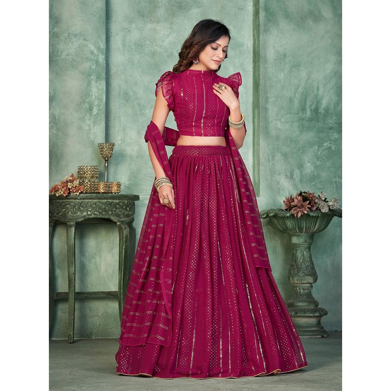 KALINI Women Embroidered Mukaish Foil Semi-Stitched Lehenga With Dupatta Lehenga Choli