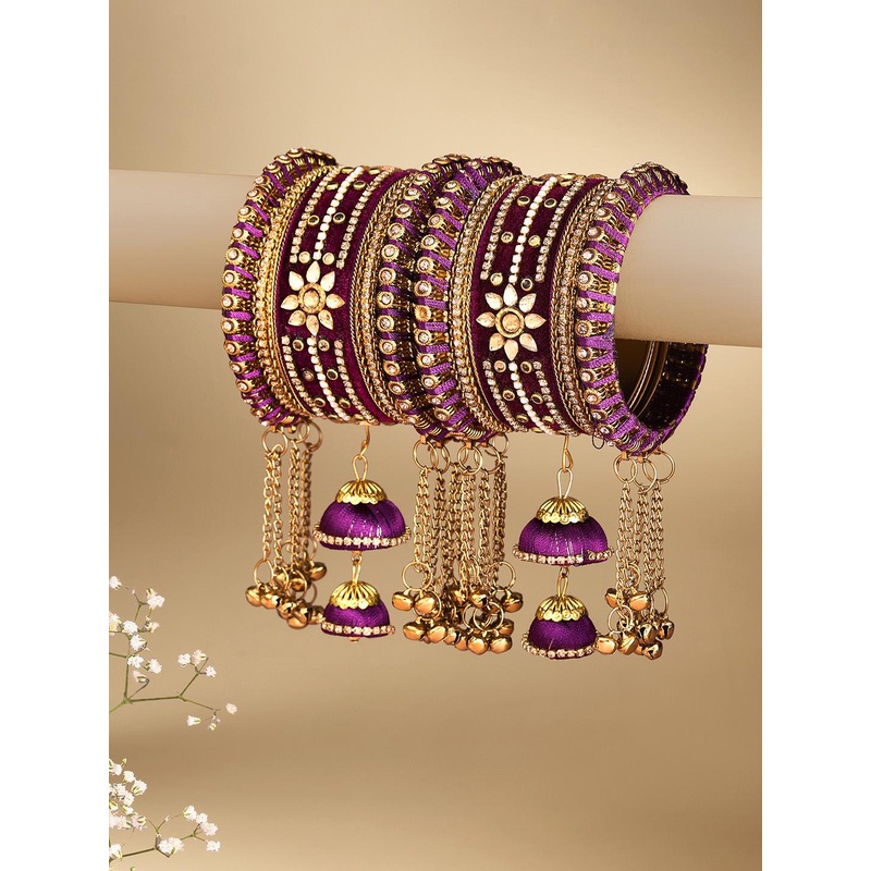 Peora Set Of 10 Gold Plated Kundan Studded Chuda with Latkan Bangles