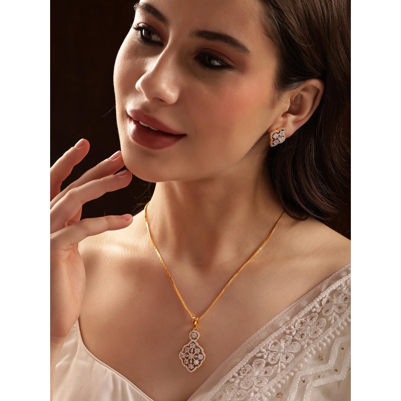 Rubans 22K Gold Plated Cubic Zirconia Stone Studded Pendant Jewellery Set