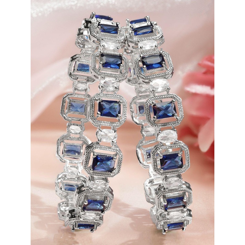 Rubans Set of 2 Rhodium-Plated Blue Sapphire & White Zirconia Studded Designer Bangles