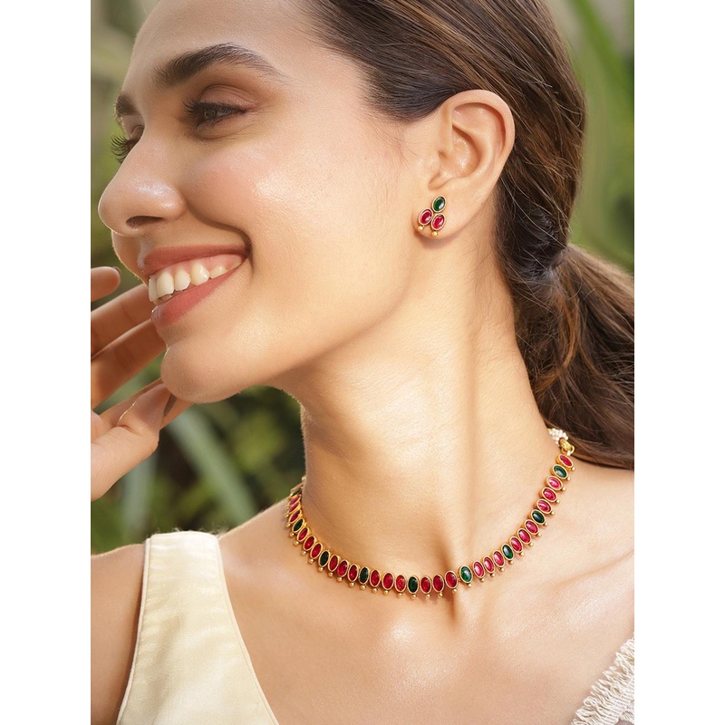 Rubans Women 22KT Gold Plated Brass Red And Green Stone Studded Jewellery Set